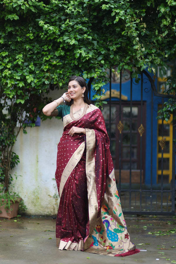 Abhijaa New soft Silk With gold jari all over butti paithani pallu