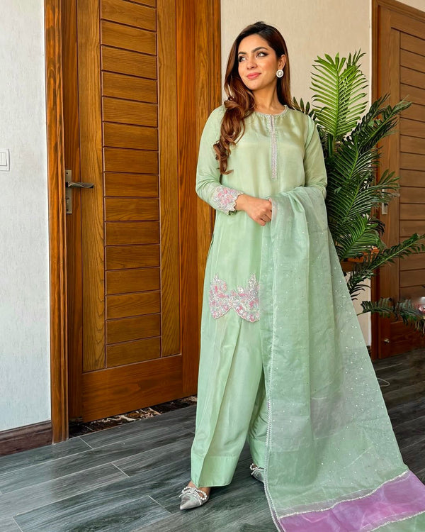 DESIGNER HEAVY NATURAL CREAP EMBROIDERED SEQUENCE WORK WITH FANCY TOP-PENT DUPATTA SET BY ABHIJAA