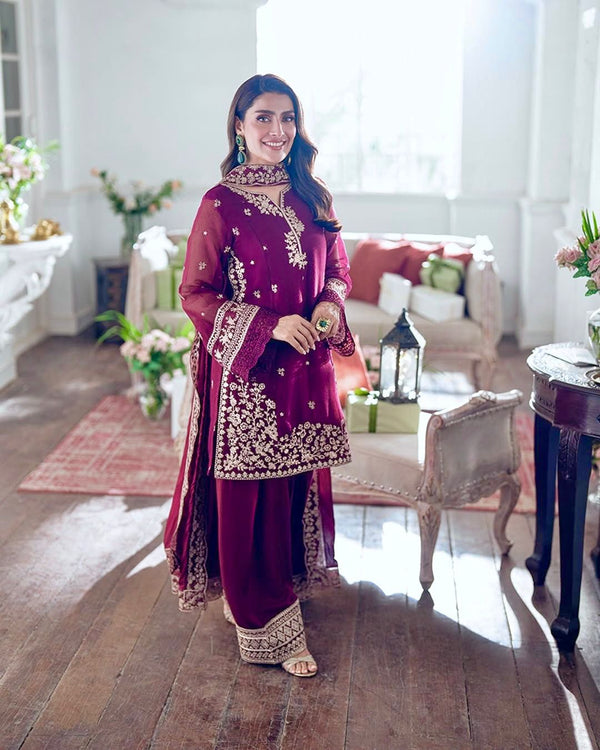DESIGNER HEAVY FRANCH CRAP EMBROIDERED SEQUENCE WORK WITH FANCY TOP-PLAZZO DUPATTA SET BY ABHIJAA