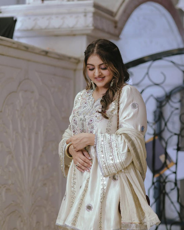 DESIGNER HEAVY NATURAL CREAP EMBROIDERED SEQUENCE WORK WITH FANCY TOP SHARARA DUPATTA SET BY ABHIJAA