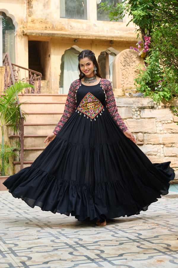 Maroon &amp; Black Embroidered Navratri Gown – Abhijaa Exclusive