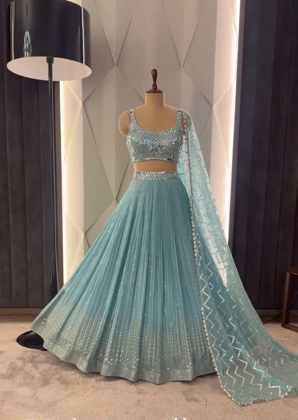 Icy Blue Mirror Magic Lehenga Set – Premium Party Edition