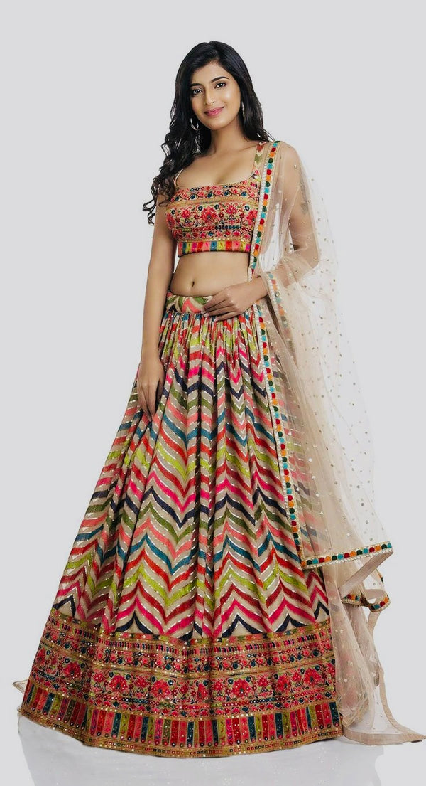 Multicolor Chevron Mirror Work Lehenga Set – Vibrant Festive Edition