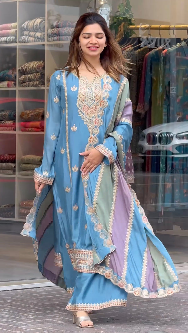 Sky Blue Heavy Embroidered Punjabi Suit with Multicolor Striped Dupatta