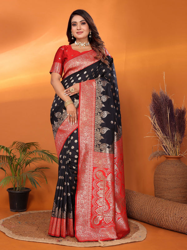 Black and Red Pure Soft Banarasi Silk Saree