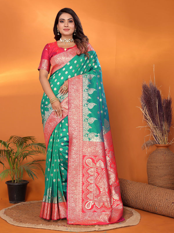 Green and Red Pure Soft Banarasi Silk Saree