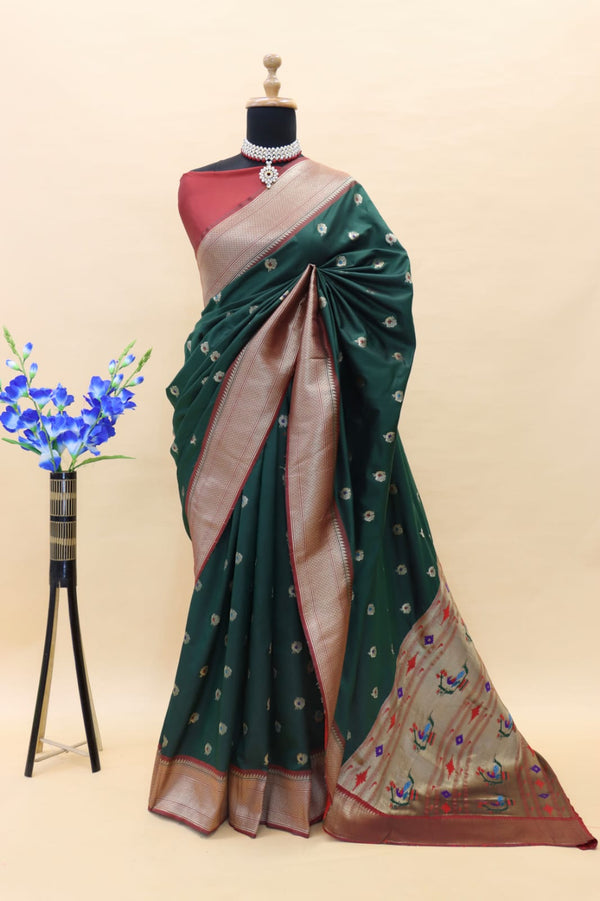 Dark Green Paithani Pure Silk Handloom Saree with Pure Jari
