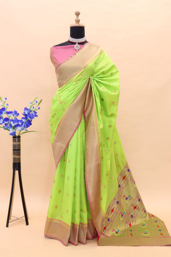 Light Green Paithani Pure Silk Handloom Saree with Pure Jari