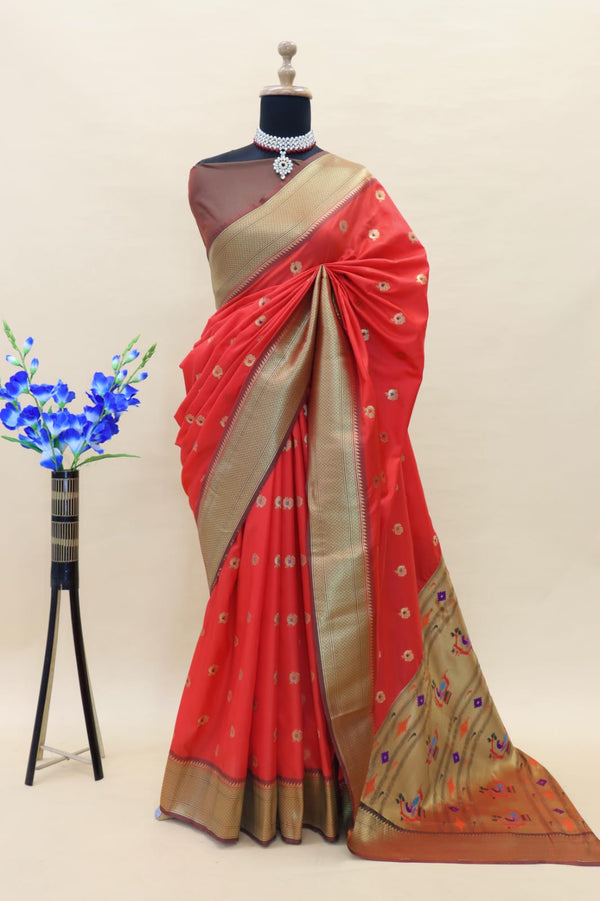 Red Green Paithani Pure Silk Handloom Saree with Pure Jari