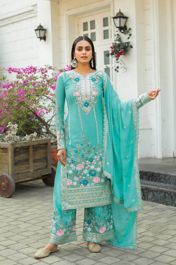Aqua Blue Floral Embroidered Style Palazzo Suit