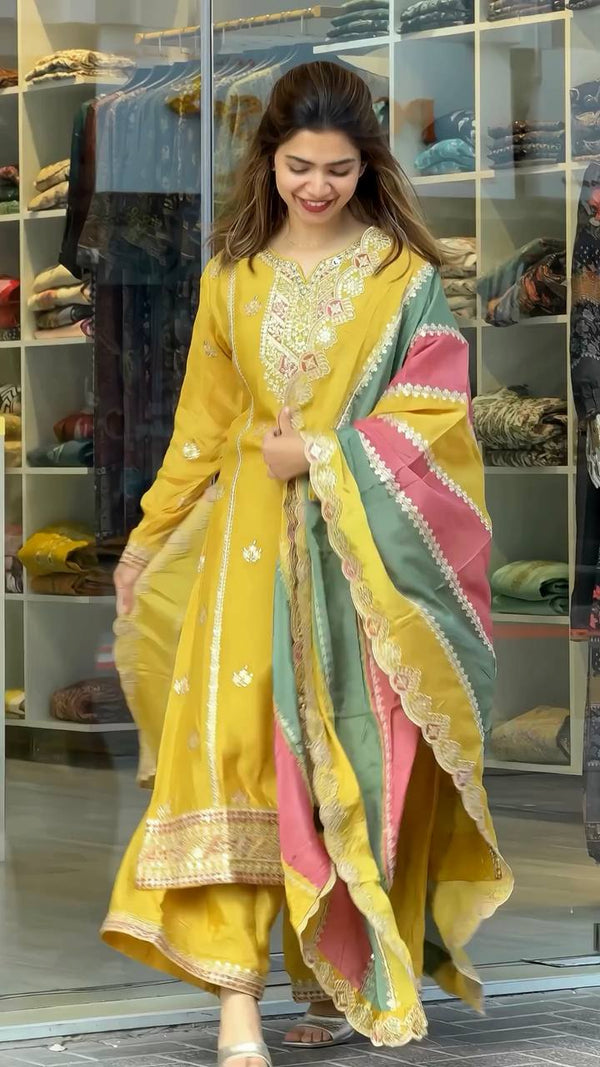 Mustard Yellow Embroidered Patiala Style Punjabi Suit with Multicolor Dupatta