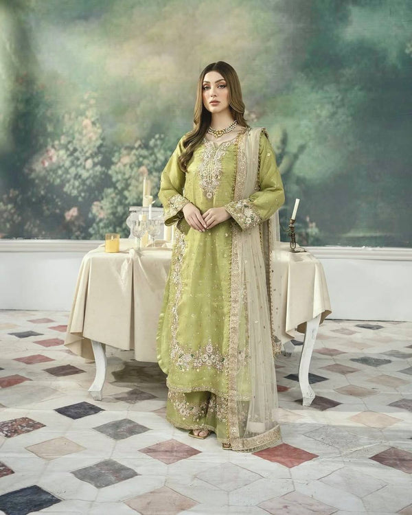 Olive Green Heavy Embroidered Suit with Pearl Detailed Net Dupatta