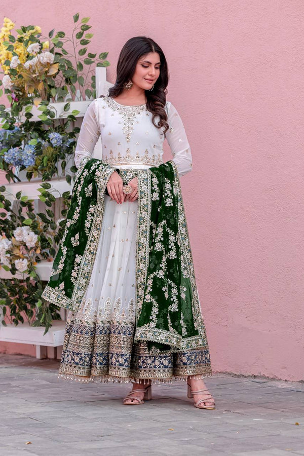 White and Emerald Green Designer Anarkali Gown with Heavy Embroidery