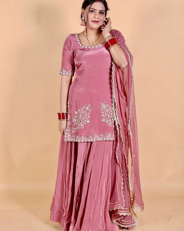 DESIGNER HEAVY NATURAL CREAP EMBROIDERED SEQUENCE WORK WITH FANCY TOP SHARARA DUPATTA SET BY ABHIJAA